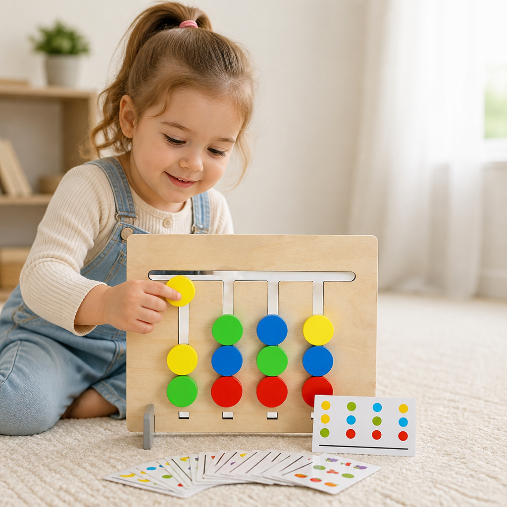Wooden Logic Board with Sliding Colour Pieces and Pattern Matching Puzzles for Kids