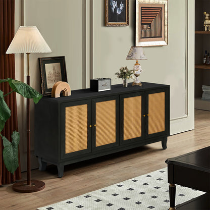 Handcrafted Premium Grain Panels Rattan Sideboard Buffer Cabinet Accent Storage Cabinet With 4 Rattan Doors BLACK