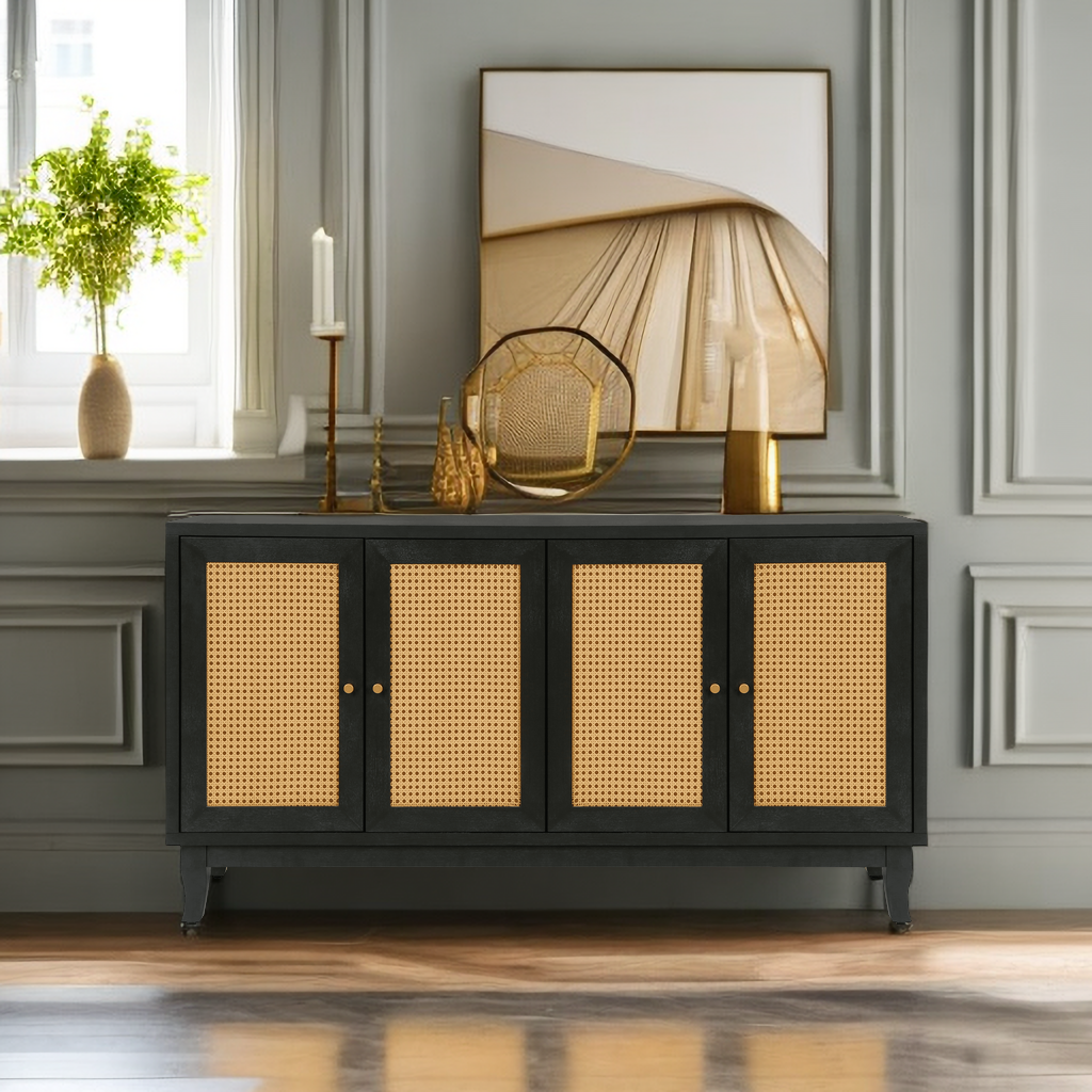 Handcrafted Premium Grain Panels Rattan Sideboard Buffer Cabinet Accent Storage Cabinet With 4 Rattan Doors BLACK