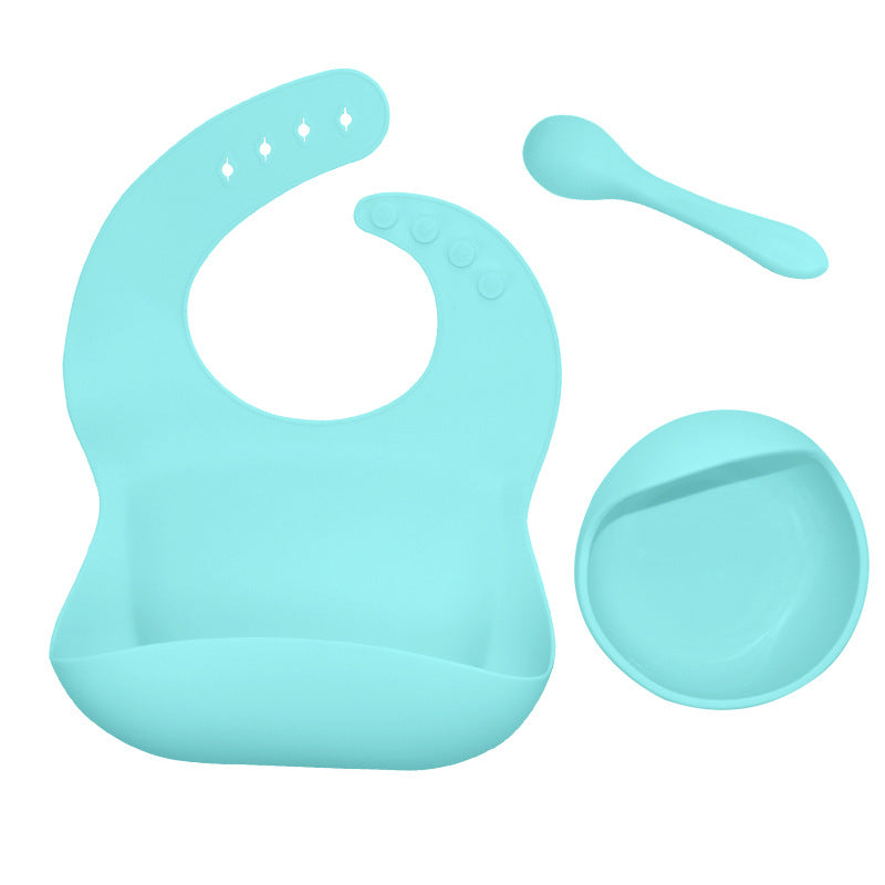 Silicone tableware set baby saliva pocket complementary food bowl children's silicone bib 3-piece set