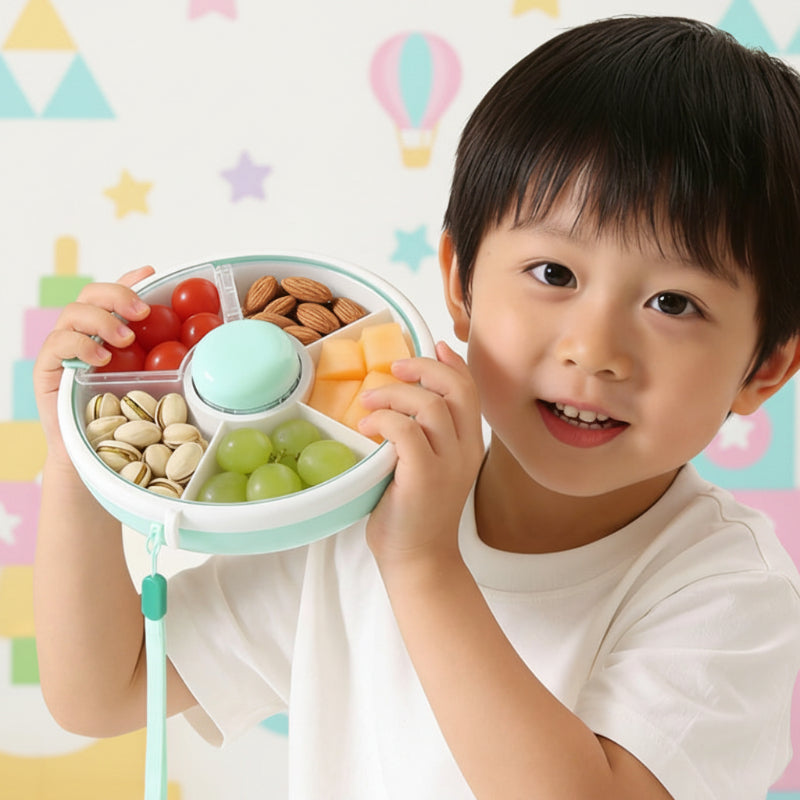 Top view of kids snack container with divided compartments for different snacks