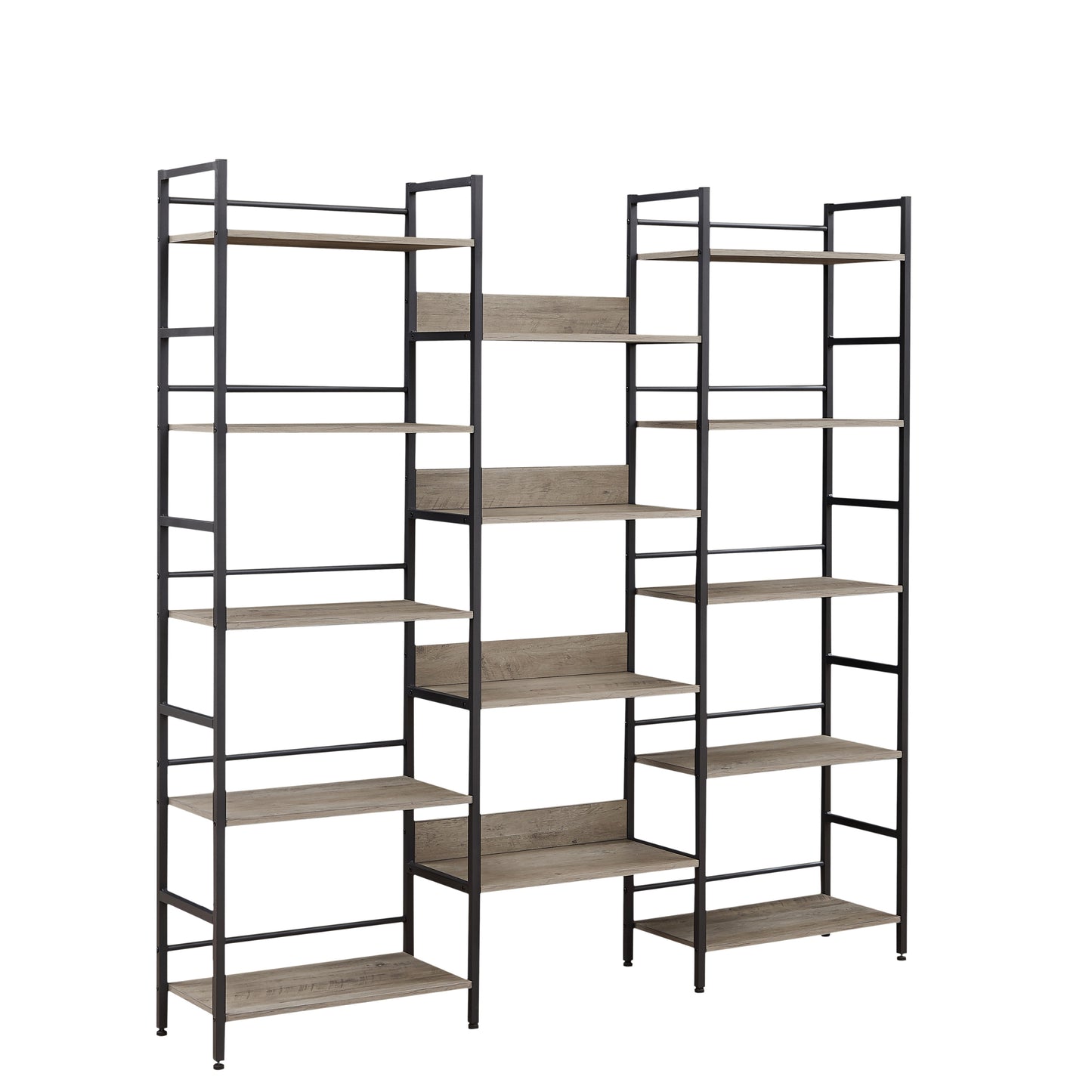 Triple Wide 5-shelf Bookshelves Industrial Retro Wooden Style Home and Office Large Open Bookshelves Grey