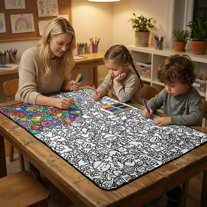 Large reusable colouring mat for kids laid flat with colourful drawings