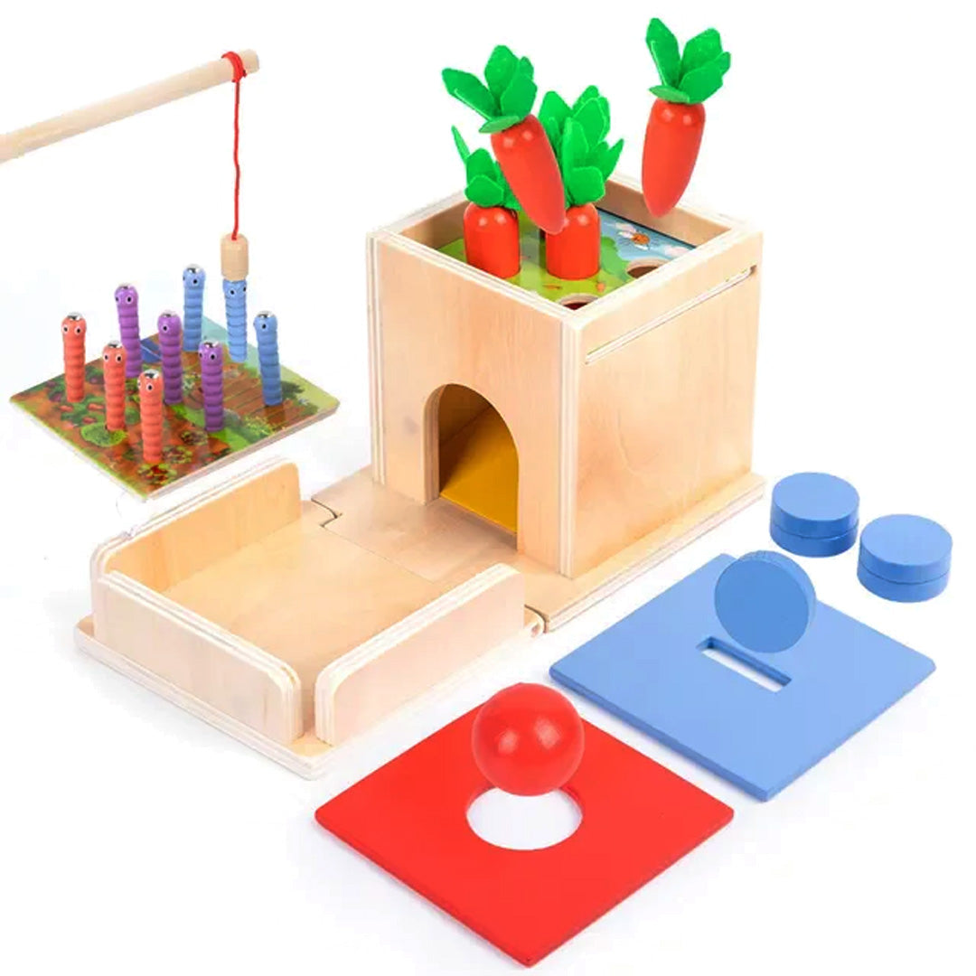Wooden Montessori activity box for toddlers with four built-in learning activities