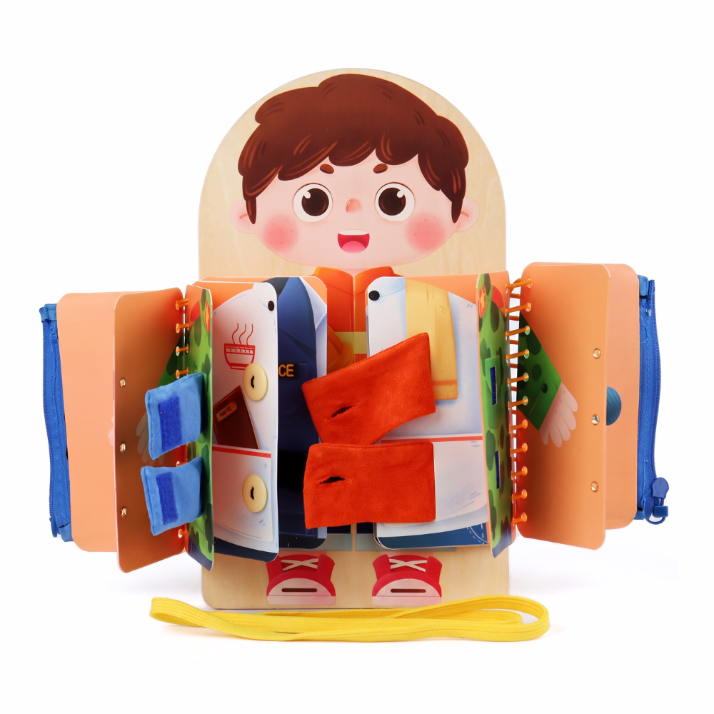 Wooden Montessori busy board for toddlers with locks, gears and switches
