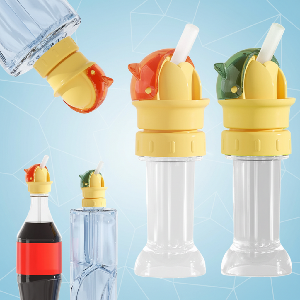 Kids reusable bottle cap with built-in straw shown from the front