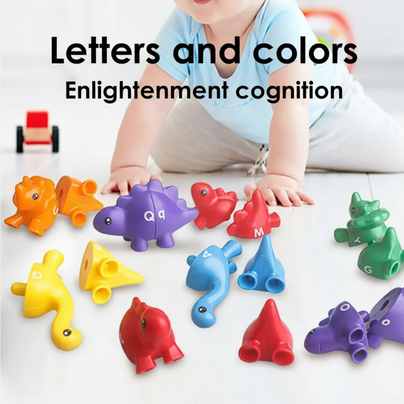 Kids using dinosaur matching toy to learn alphabet and numbers