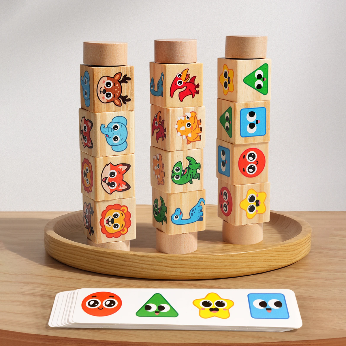 Educational wooden rotating block puzzle arranged on a flat surface