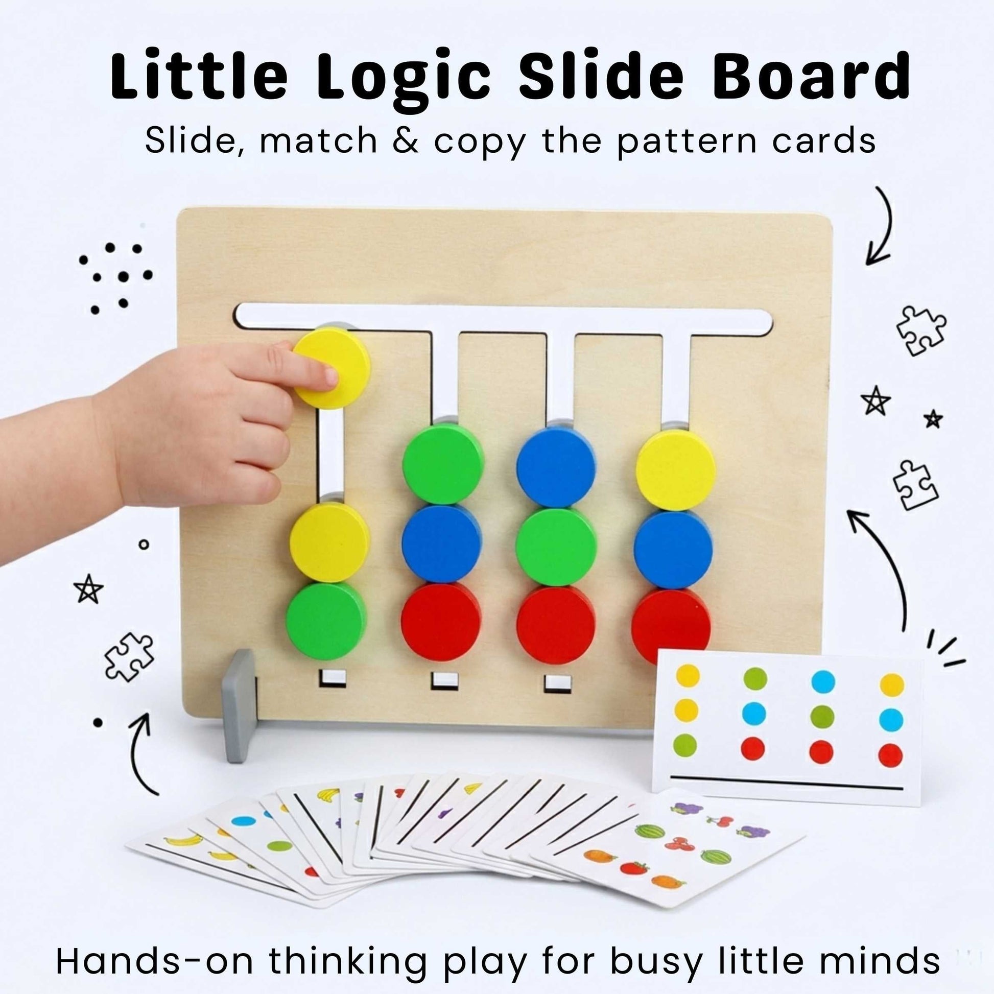 Wooden Logic Board with Sliding Colour Pieces and Pattern Matching Puzzles for Kids