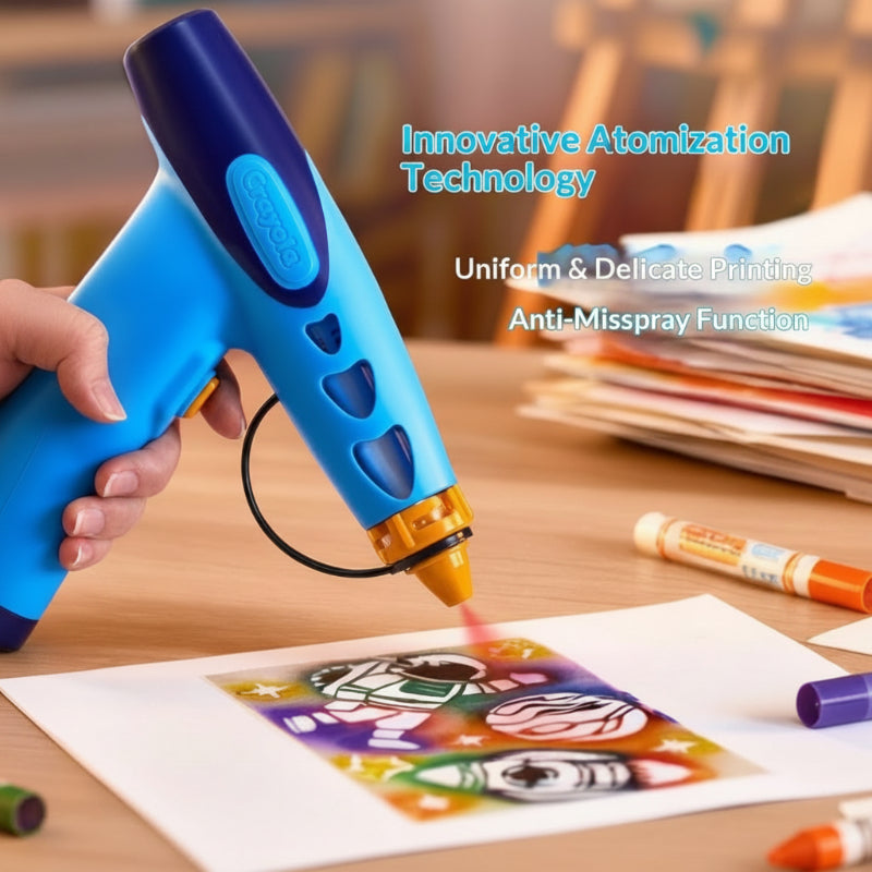 Colourful children's art set featuring marker spray gun and multiple markers