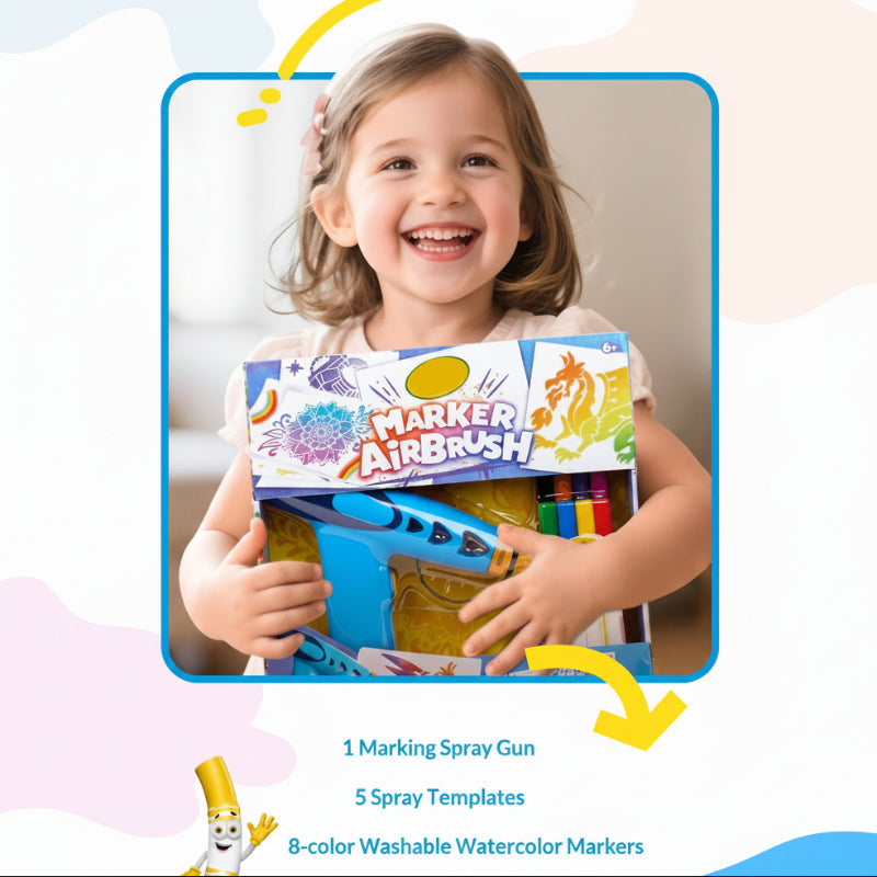 Children's airbrush marker art kit laid out with spray gun and accessories