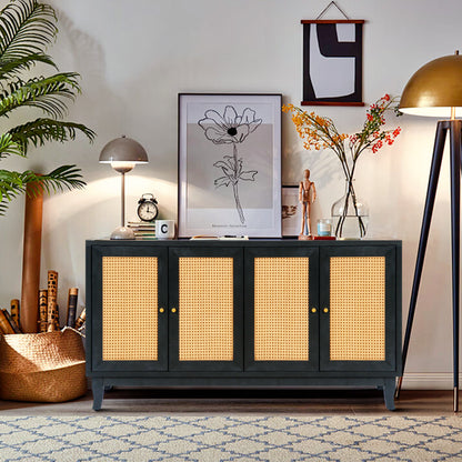 Handcrafted Premium Grain Panels Rattan Sideboard Buffer Cabinet Accent Storage Cabinet With 4 Rattan Doors BLACK