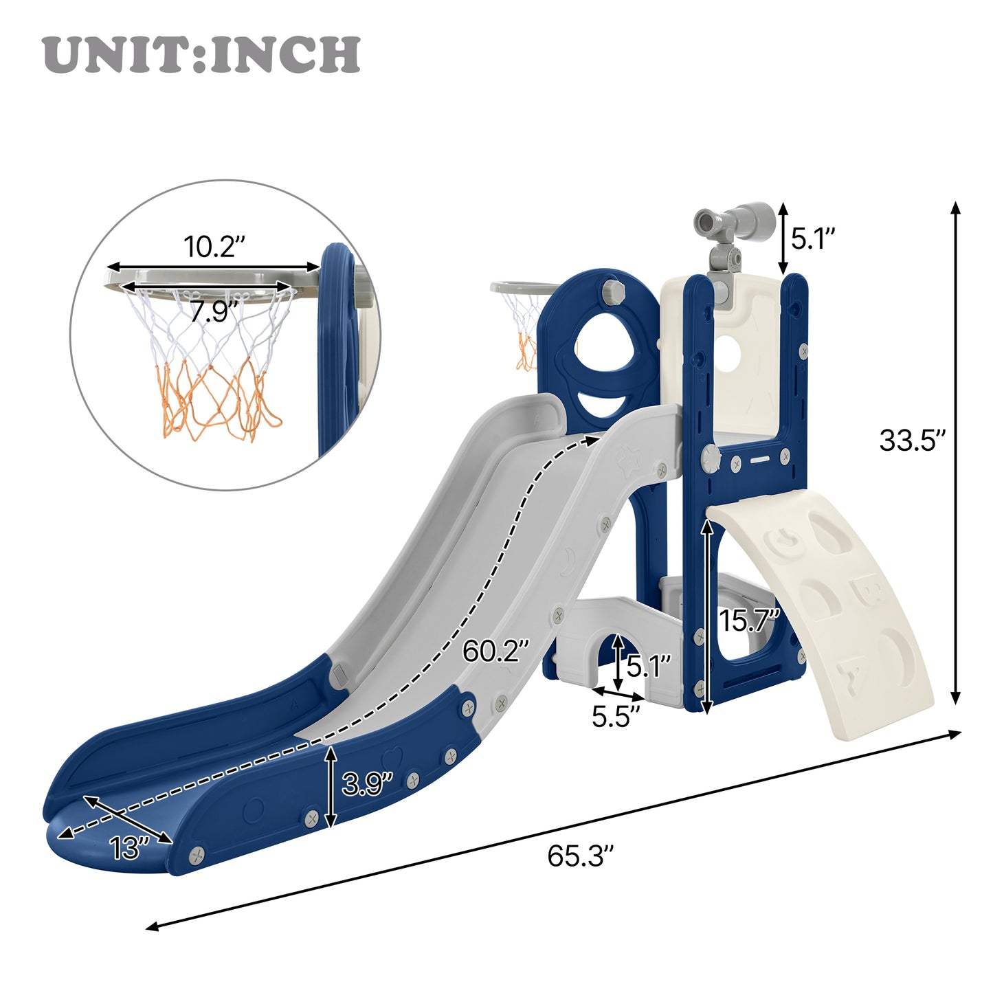 Freestanding Spaceship Set with Slide, Telescope and Basketball Hoop, Golf Holes for Toddlers, Kids Climbers Playground