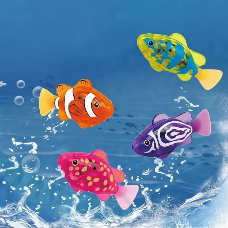 Electronic swimming fish bath toy with LED light shown from the front