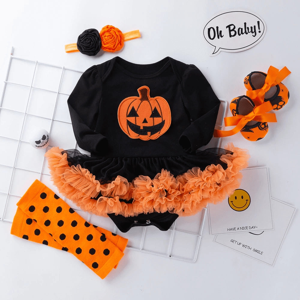 Baby Girl Pumpkin Print Halloween Outfit