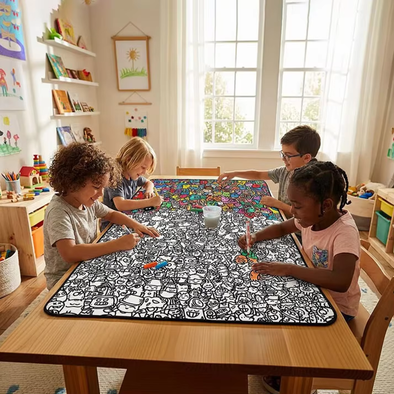 Washable kids colouring mat with reusable surface for creative play