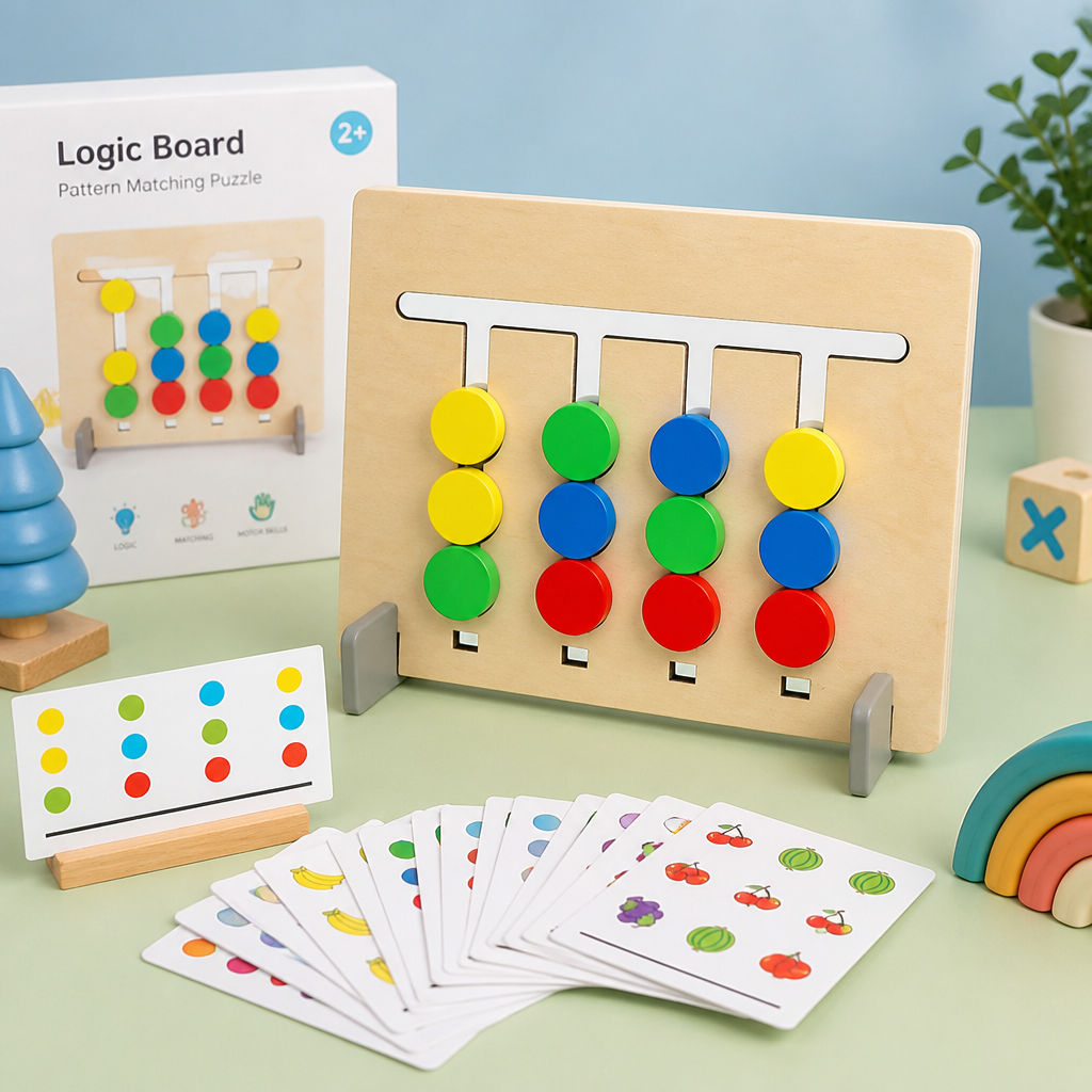 Wooden Logic Board with Sliding Colour Pieces and Pattern Matching Puzzles for Kids