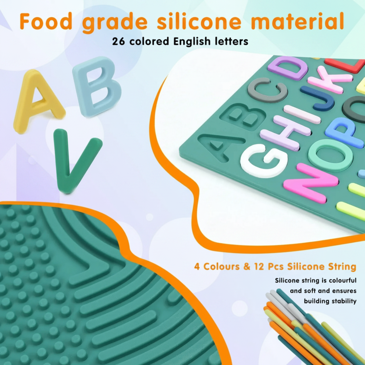Close-up of silicone alphabet board with tactile letter details