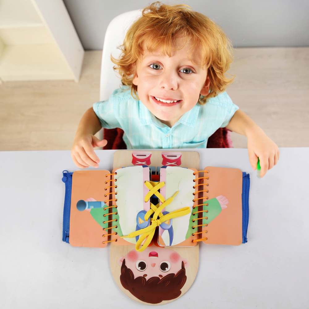 Front view of wooden toddler busy board with hands-on learning activities