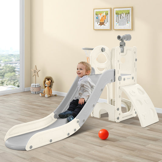 Kids Slide Playset Structure 5 in 1, Freestanding Spaceship Set with Slide, Telescope and Basketball Hoop Grey+White + HDPE