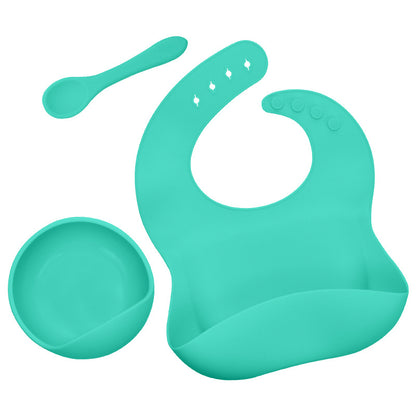 Silicone tableware set baby saliva pocket complementary food bowl children's silicone bib 3-piece set