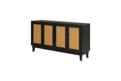 Handcrafted Premium Grain Panels Rattan Sideboard Buffer Cabinet Accent Storage Cabinet With 4 Rattan Doors BLACK