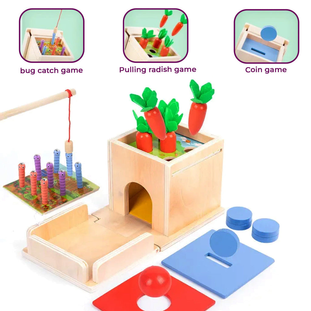 Toddler activity box made from wood with sensory and fine motor play features