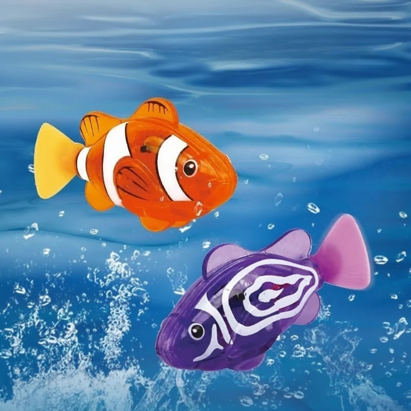 Electronic swimming fish bath toy floating in a bathtub