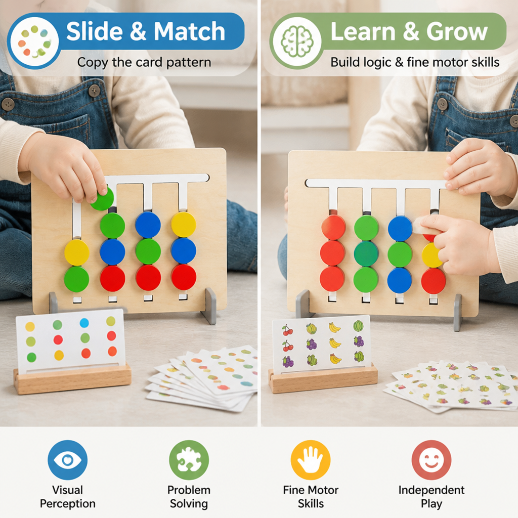 Wooden Logic Board with Sliding Colour Pieces and Pattern Matching Puzzles for Kids