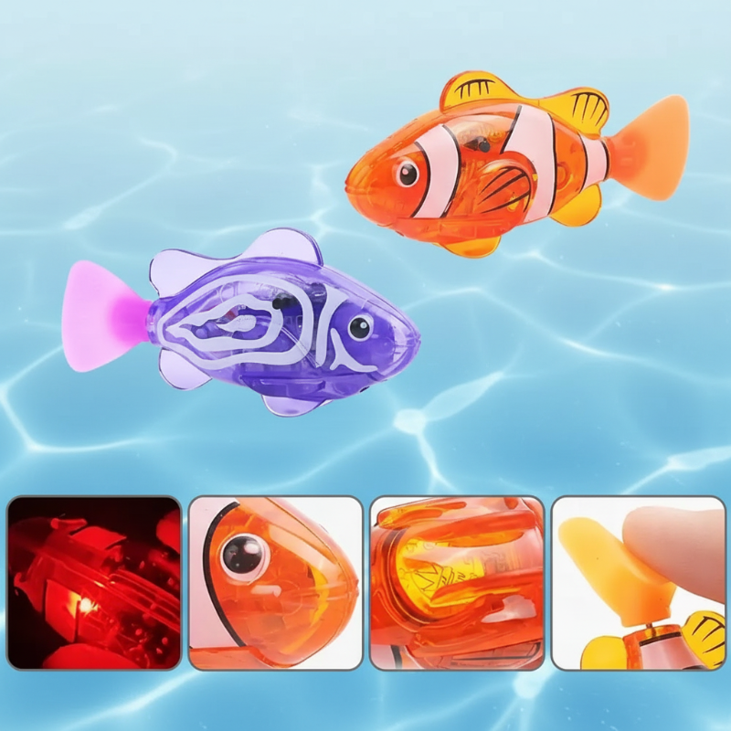 Electronic swimming fish bath toy in bright colour on a white background