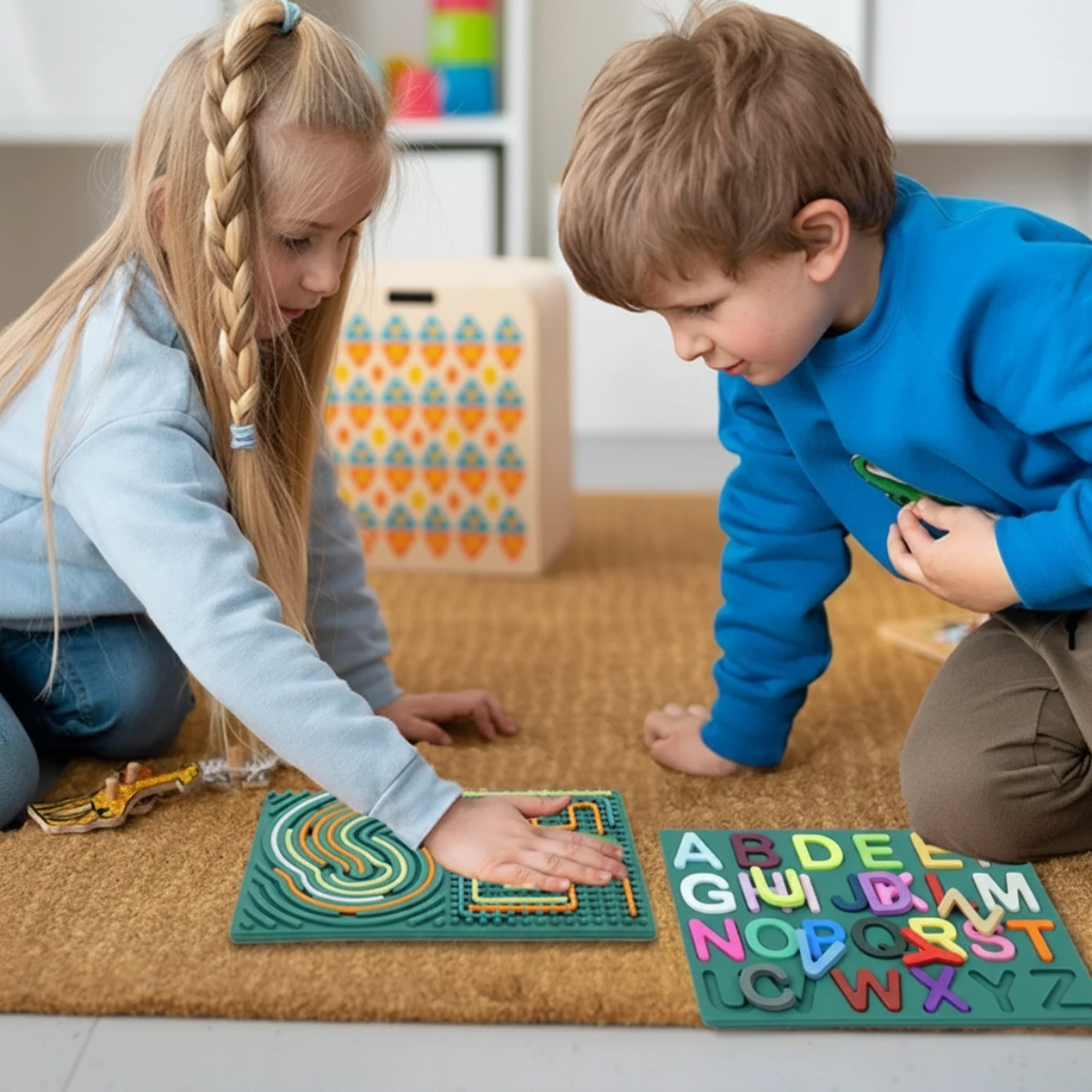 Child-friendly silicone activity board featuring alphabet letters