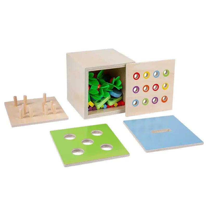 Wooden educational toy activity box for toddlers displayed on a clean background