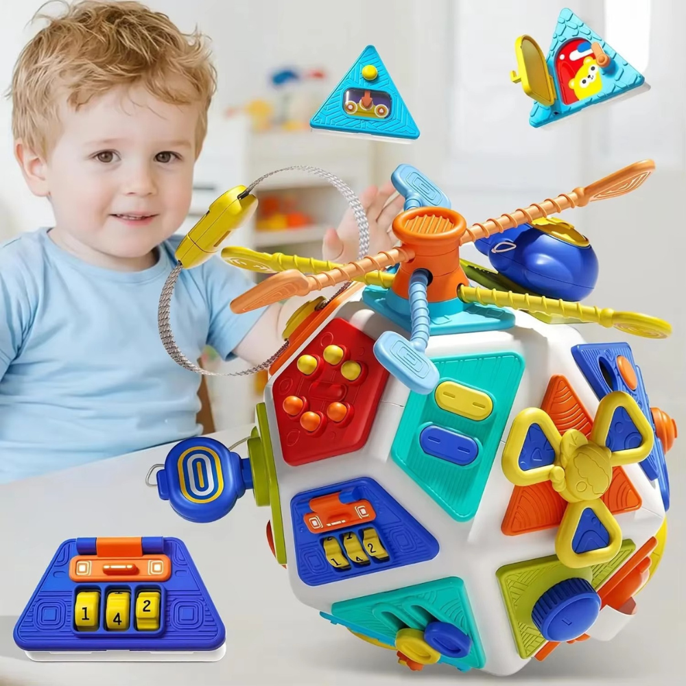 Toddler busy cube activity toy shown from the front with interactive fine motor play features