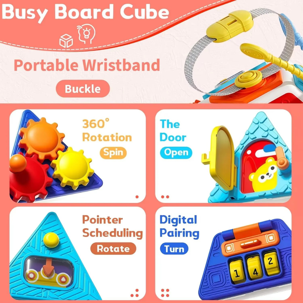 Toddler busy cube activity toy angled view showing multiple sensory and travel-friendly activities