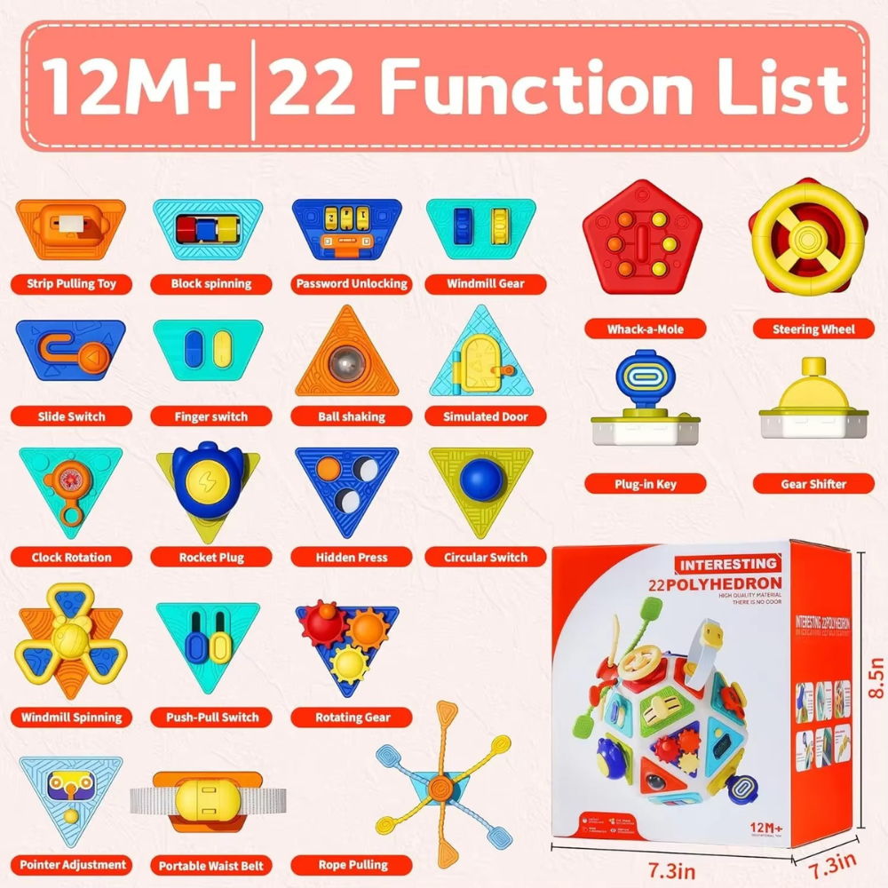 Close-up of the busy cube activity toy with hands-on fine motor elements for toddlers