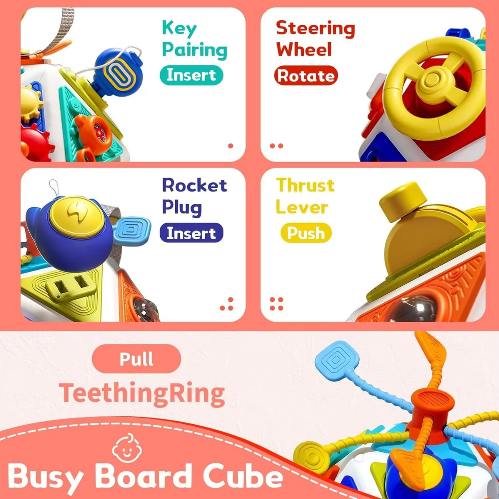 Side view of the toddler busy cube highlighting interactive latches, switches and play details