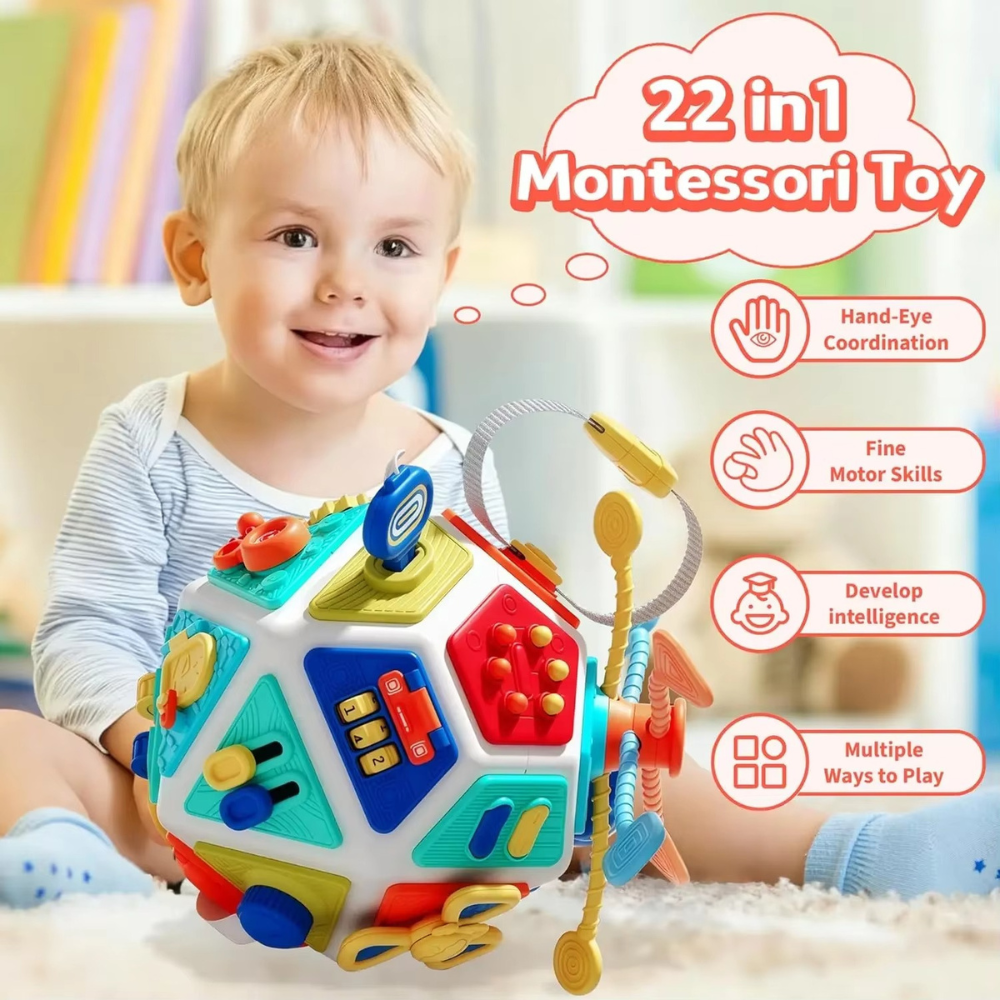 Top view of the compact busy cube activity toy designed for quiet travel play