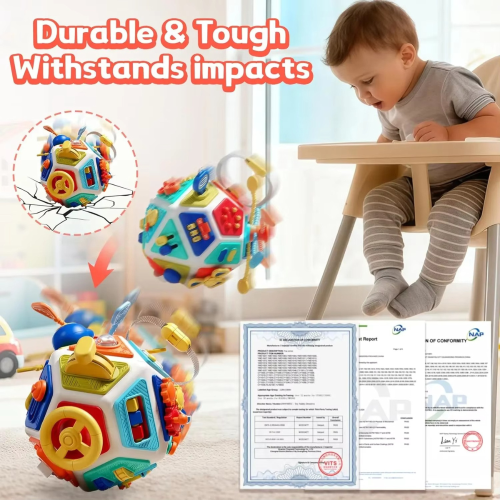 Toddler busy cube activity toy displayed in use as a portable screen-free travel toy