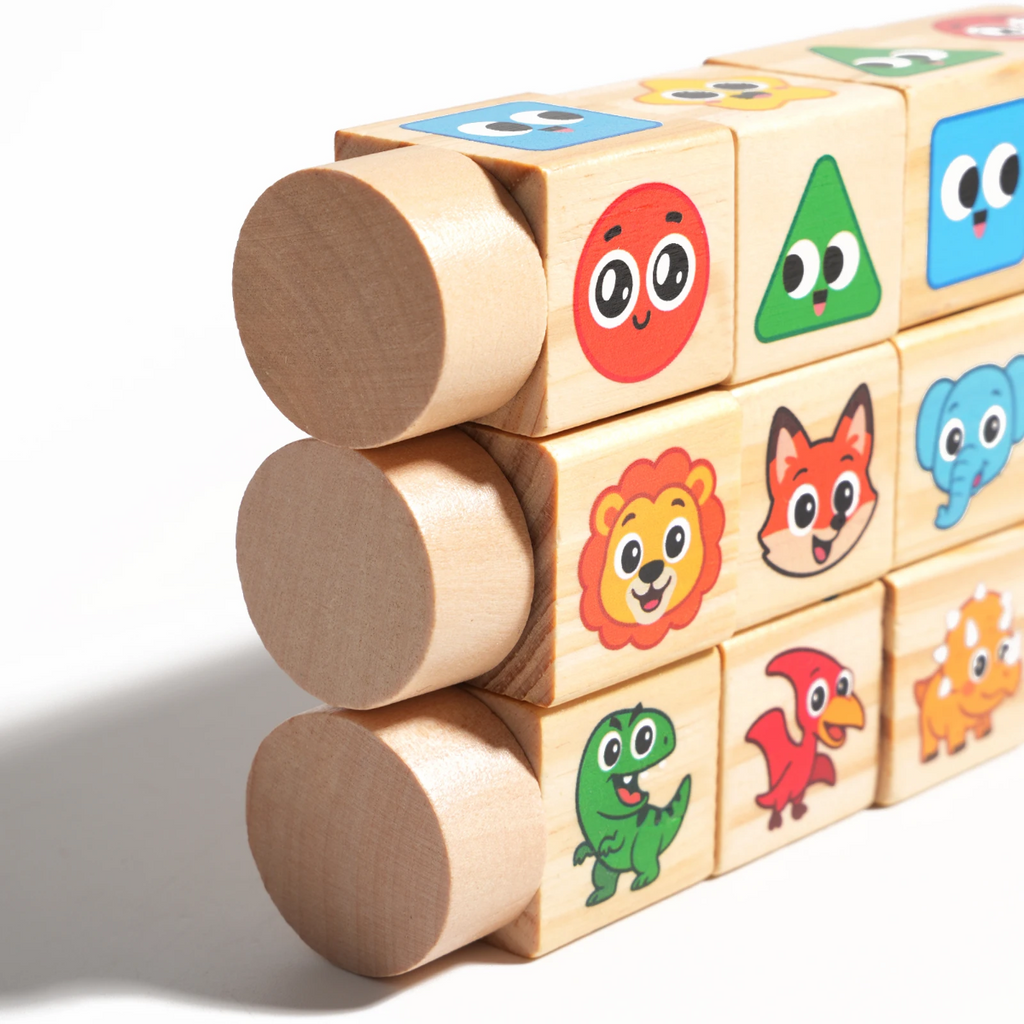 Rotating wooden puzzle toy with multiple illustrated block faces