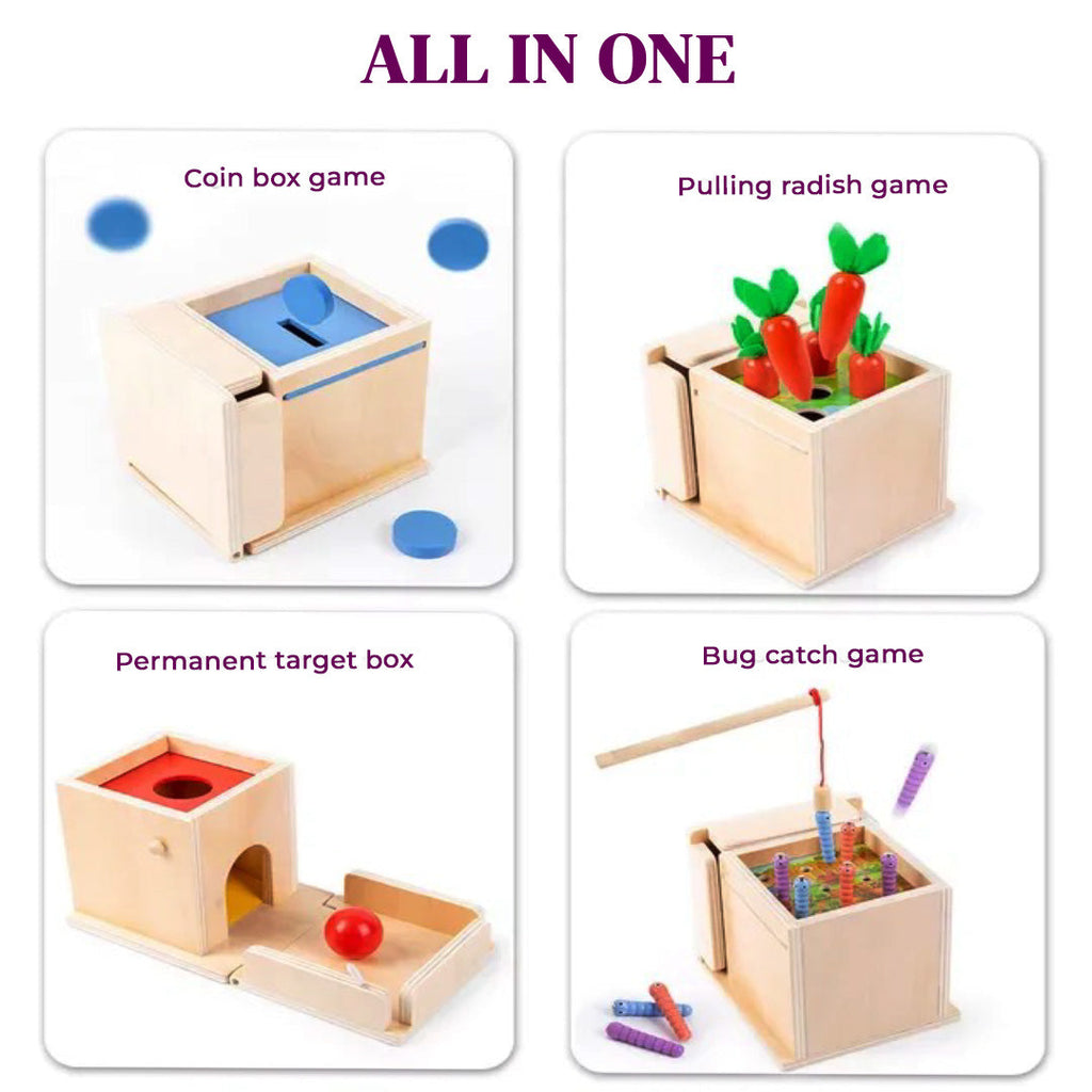 Close-up of wooden Montessori activity box details for early learning and play