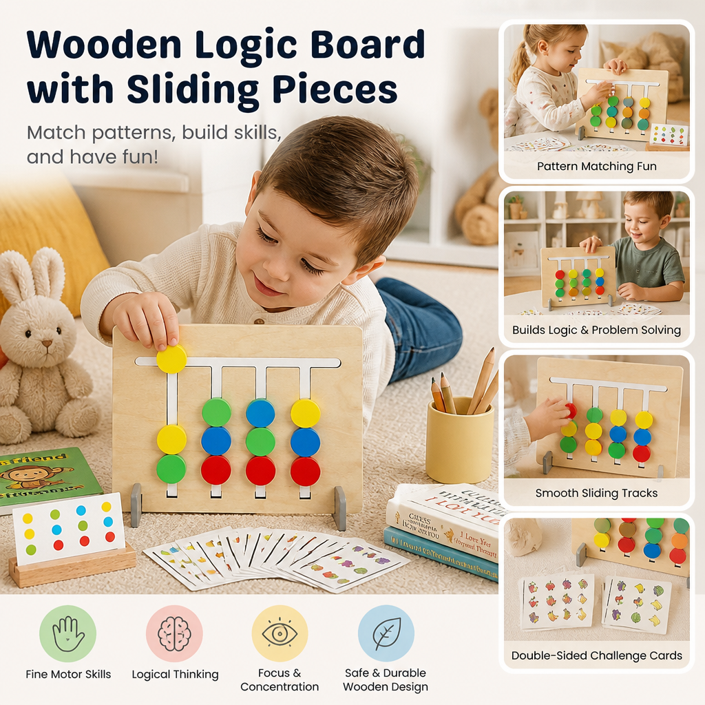 Wooden Logic Board with Sliding Colour Pieces and Pattern Matching Puzzles for Kids
