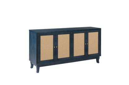 Handcrafted Premium Grain Panels Rattan Sideboard Buffer Cabinet Accent Storage Cabinet With 4 Rattan Doors BLUE