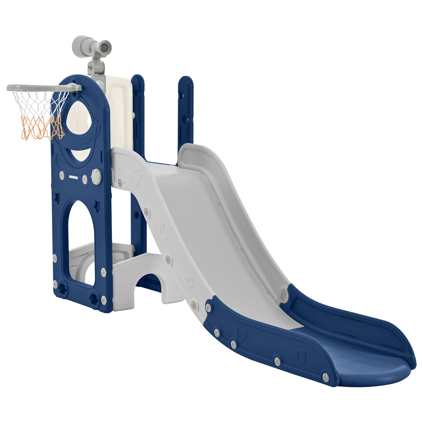 Freestanding Spaceship Set with Slide, Telescope and Basketball Hoop, Golf Holes for Toddlers, Kids Climbers Playground