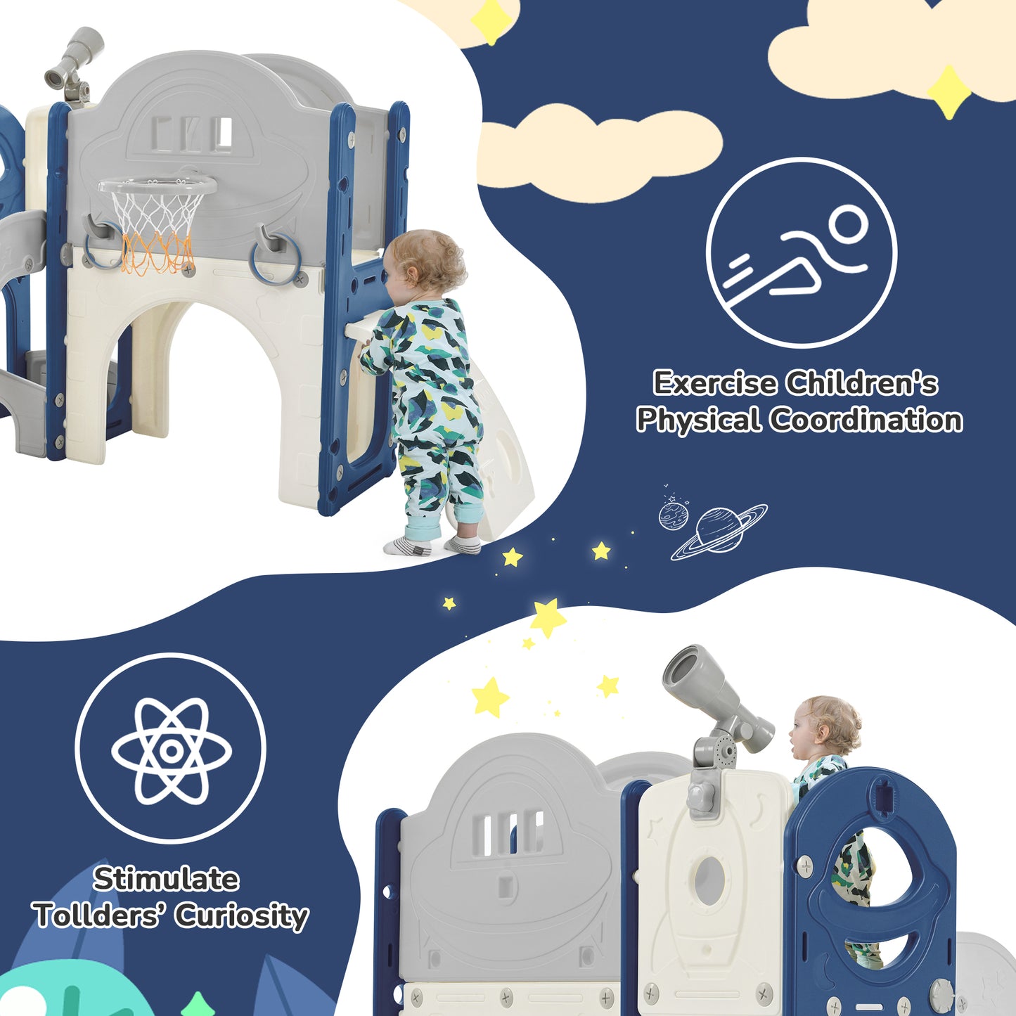 Kids Slide Playset Structure 7 in 1, Freestanding Spaceship Set with Slide, Arch Tunnel Blue+Grey + HDPE