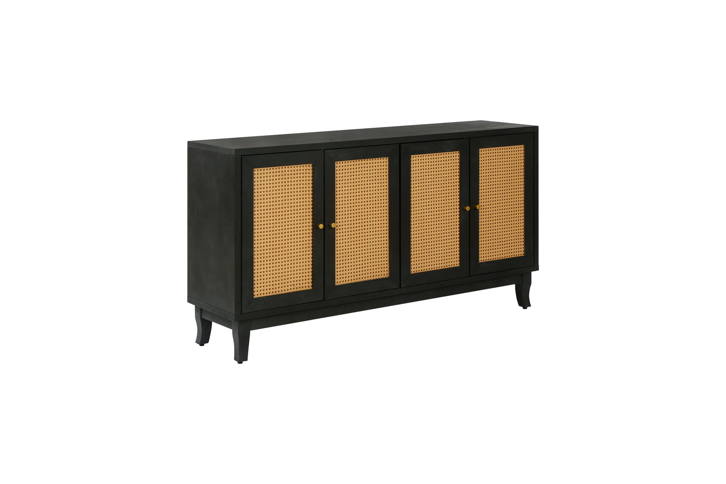 Handcrafted Premium Grain Panels Rattan Sideboard Buffer Cabinet Accent Storage Cabinet With 4 Rattan Doors BLACK