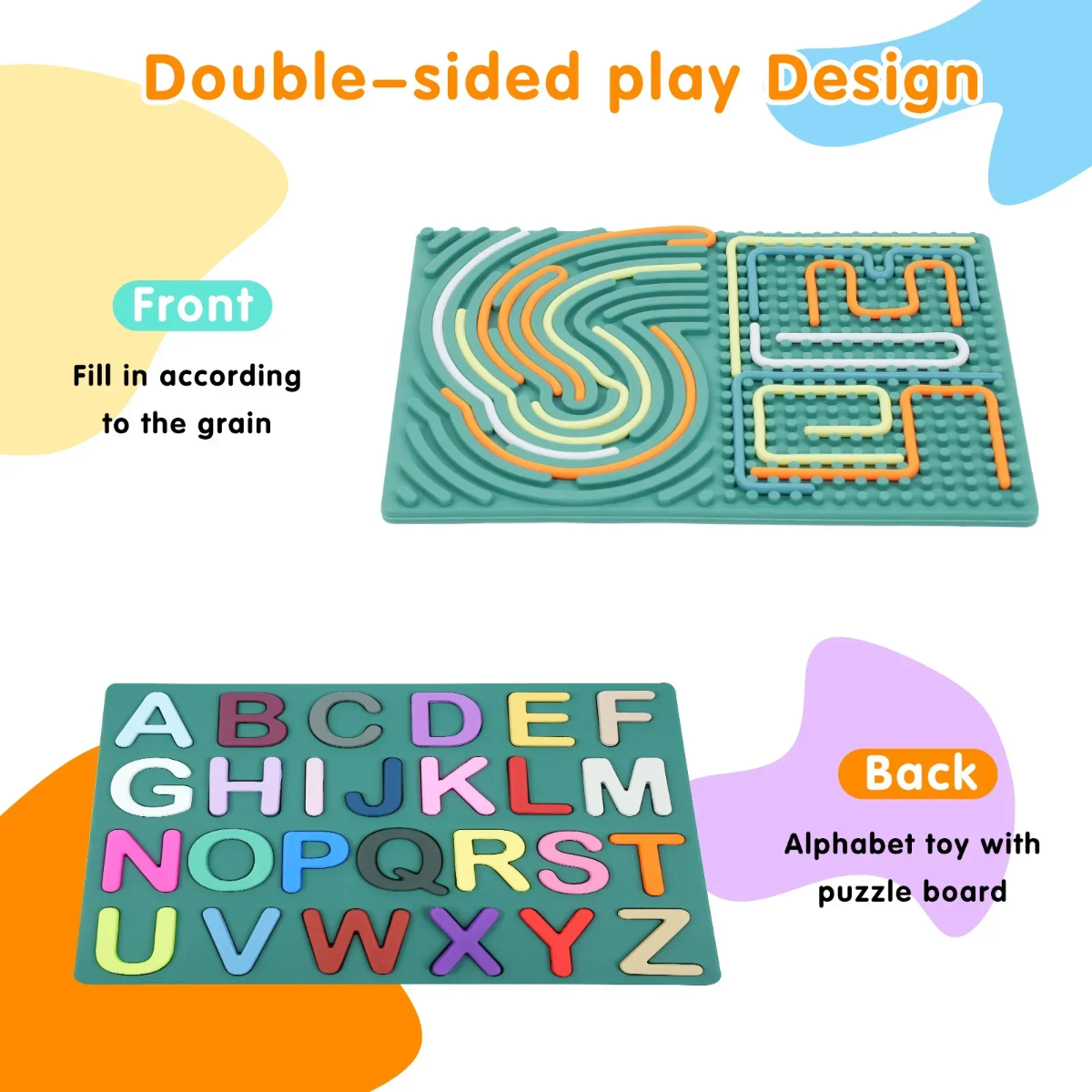 Sensory learning activity board with alphabet letters in silicone