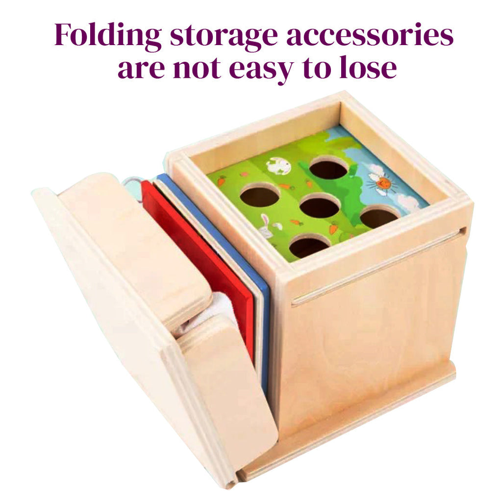 Front view of a 4-in-1 wooden Montessori activity box for toddler play