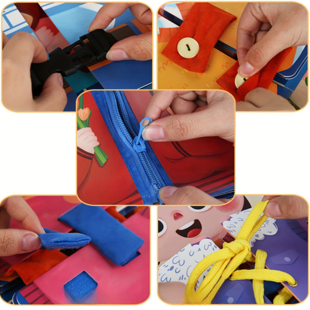 Wooden sensory busy board with multiple interactive elements for toddlers