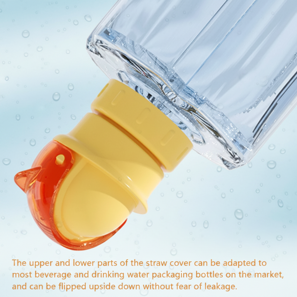 Portable reusable bottle cap with straw for kids on a plain background