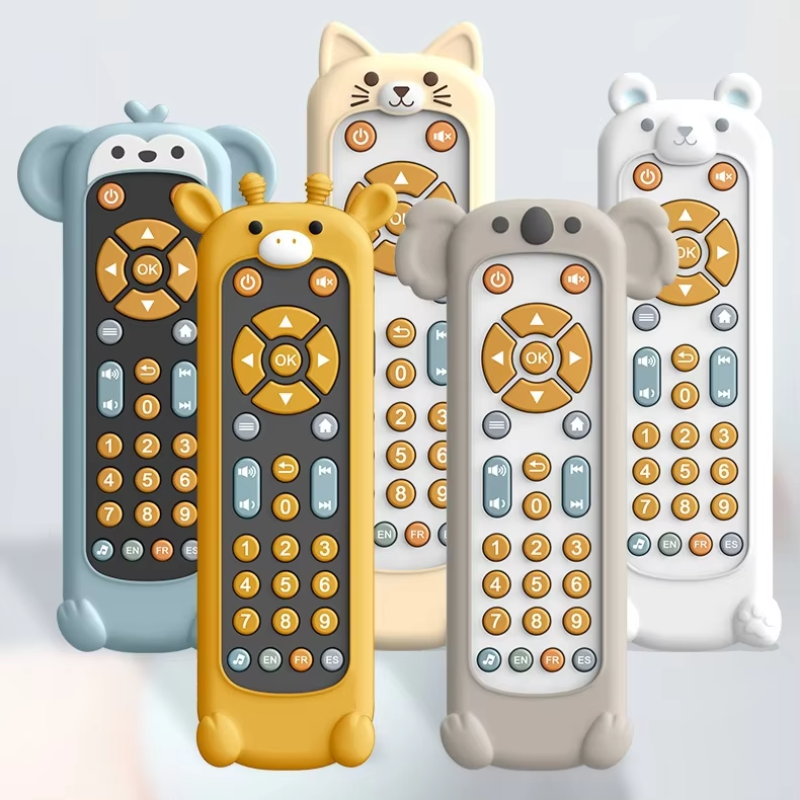Toy remote control for kids showing music and learning button layout